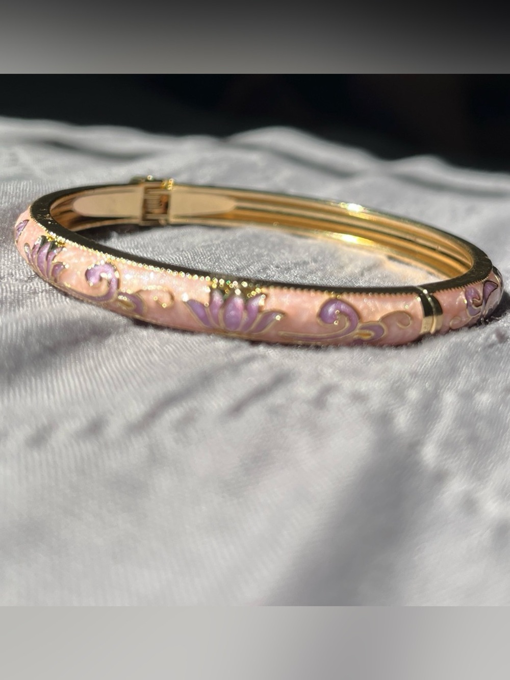 Gold-Tone Pink Floral Enamel Hinged Bangle Bracelet
